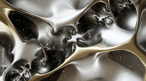 An abstract digital composition with metallic textures and gold accents. Swirling shapes create a sense of movement and depth.