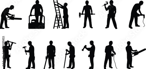 Construction worker silhouettes, handyman poses, tool usage icons, ladder and drill actions, repair gesture set, vector design asset