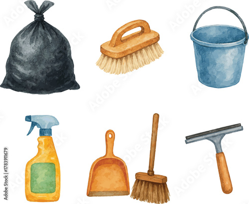 Vector watercolor illustrations of cleaning equipment
