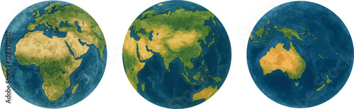Vector watercolor illustrations of the Earth from three different angles