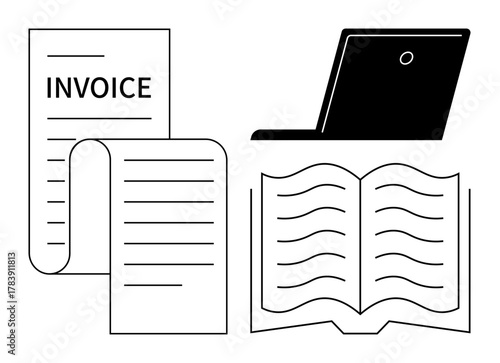 Laptop, invoice sheet, and open book for financial tracking, accounting, record maintenance, or business planning. Ideal for bookkeeping, finance, organization productivity workflow analytics