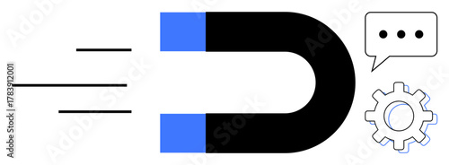 U-shaped magnet pulling objects, speech bubble for communication, gear for process or strategy. Ideal for marketing, teamwork, leadership, innovation, strategy engagement motivation. Simple flat