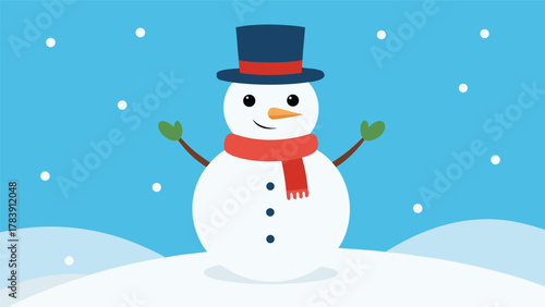 A cheerful cartoon snowman wearing a blue top hat and red scarf stands on a snowy hill under falling snowflakes