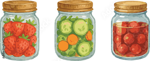 Collection of watercolor painted masong jars with various foods in them