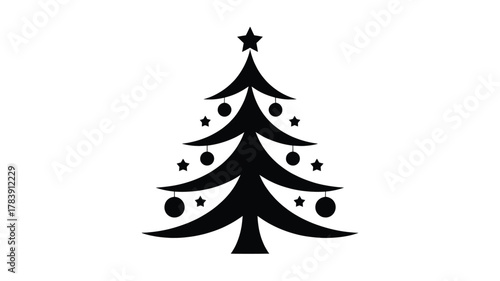 A stylized black silhouette of a decorated christmas tree with ornaments and a star on top perfect for holiday design elements silhouette