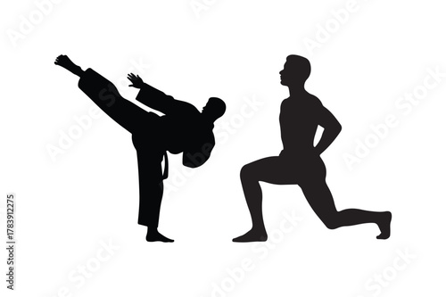Silhouettes of two men practicing martial arts and fitness exercises