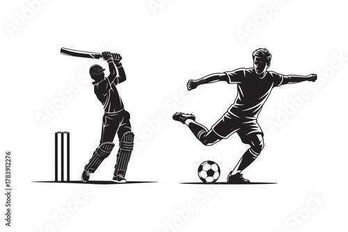 Silhouette of a cricket player batting and a soccer player kicking a ball