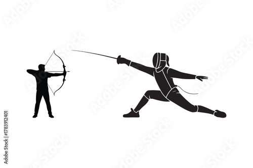 Silhouette of a fencer lunging towards an archer drawing a bow