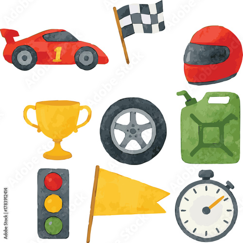 Vector watercolor illustrations of racing car stuff