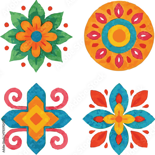 Collection of watercolor painted illustration of indian flower rangoli