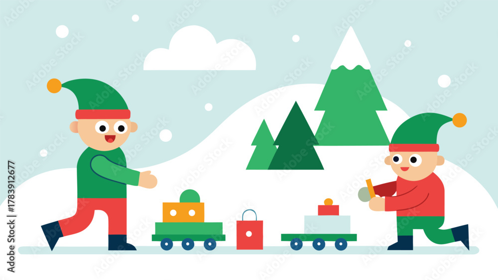 Fototapeta premium Two cheerful cartoon elves in a snowy forest preparing christmas gifts on a winter day