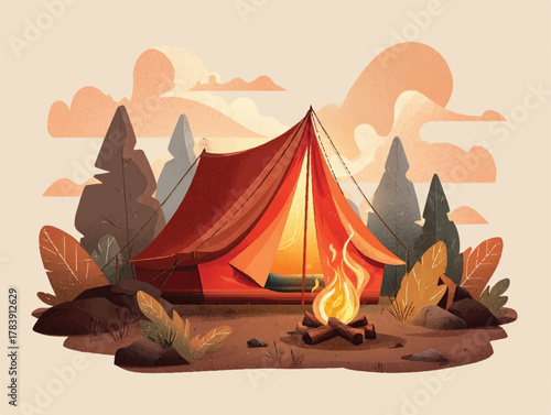 Camping Adventure Graphic with Red Tent and Campfire in Nature