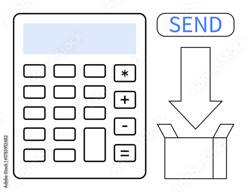 Calculator with numeric and function keys, large send button, downward arrow pointing to open box. Ideal for data input, transfer, analysis, logistics, optimization, innovation simple flat metaphor