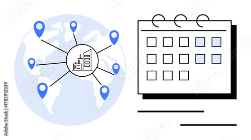 Globe with location pins connected to a building icon and a calendar with marked dates. Ideal for logistics, time management, global strategy, event planning, productivity, scheduling, business