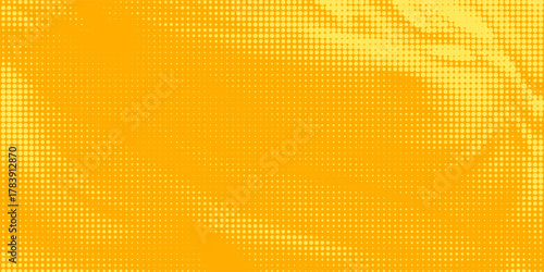Yellow halftone pattern. Retro comic gradient background. Bright orange pixelated dotted texture overlay. Cartoon pop art faded gradient pattern. Vector backdrop for poster, banner, advertisement