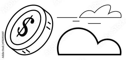 Flying dollar coin beside outlined clouds suggests virtual economy, technology integration, digital transactions. Ideal for finance, cloud computing, fintech, savings, economy, innovation simple