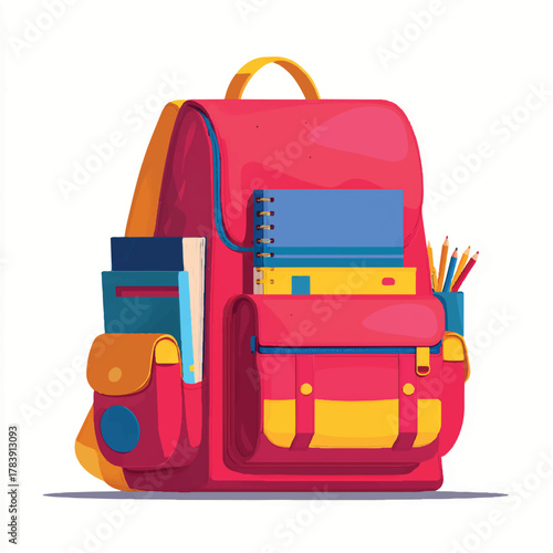 Colorful backpack with books notebook and pencils school supplies concept art