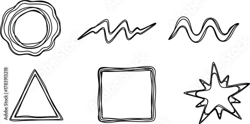 Basic shapes doodle icon set. Vector pictograms of wobbly circle, jagged line, simple hand-drawn illustration.
