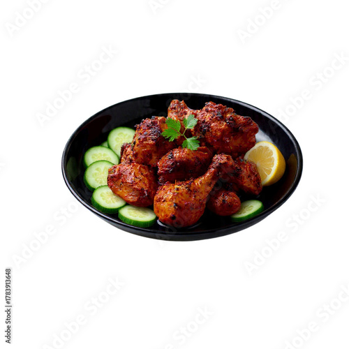 Chicken tikka on black bowl white background, Indian food, pakistani food, Spicy chicken tikka with cucumber and lemon in plate isolated on white background