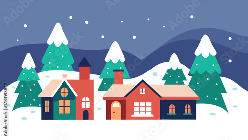 Charming flat illustration of a snowy village scene with cozy houses and evergreen trees