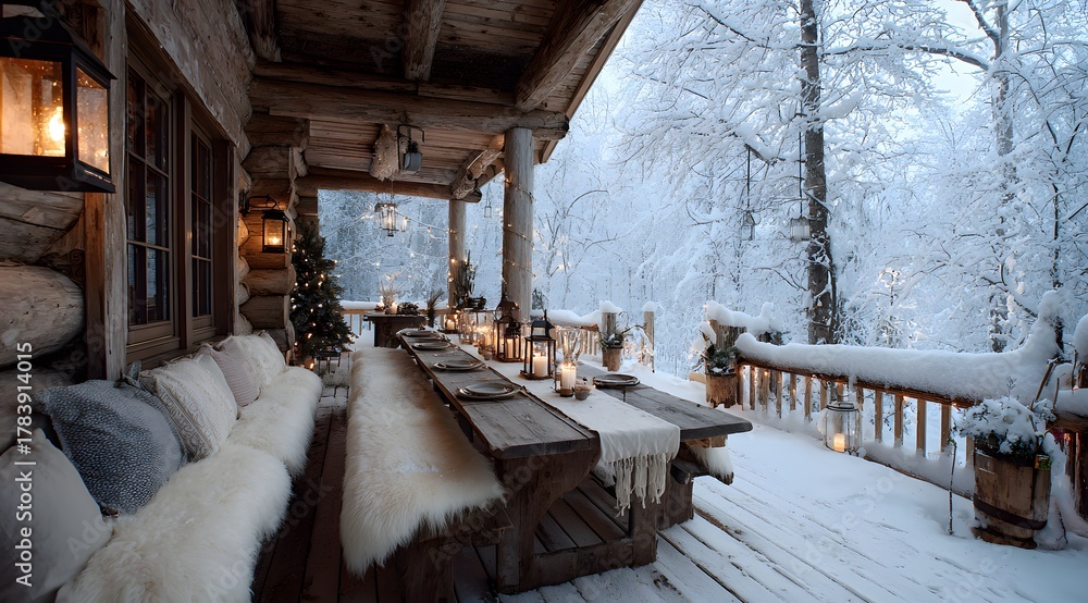 Fototapeta premium Cozy cabin with a long wooden table and a fireplace. The table is set for a meal with candles and a Christmas tree. Scene is warm and inviting, perfect for a winter gathering with friends and family