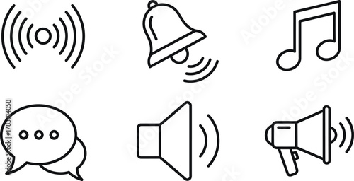 Basic sounds outline set. Vector pictograms of sound wave, bell ring, thin line illustration.