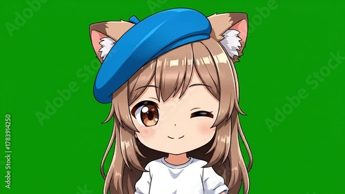 Cute Anime Cat Girl Waving and Winking on Green Screen.