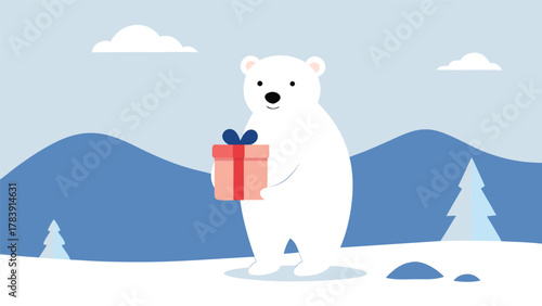 Cute polar bear holding a red gift box with a blue ribbon in a snowy winter landscape