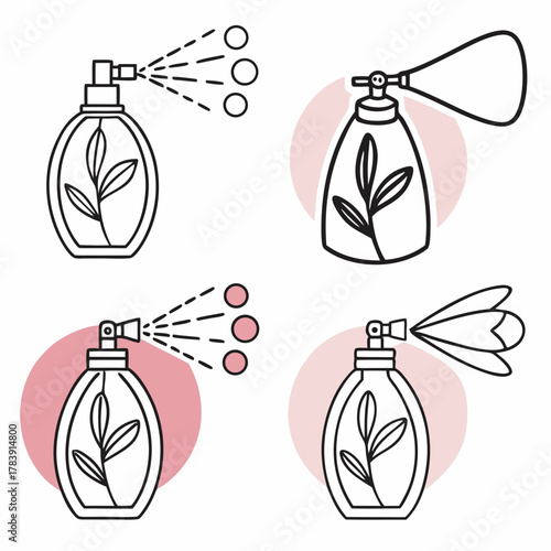 Collection of Perfume Atomizer Vector Icons in Minimalist Outline Style, Suitable for Beauty Product Catalogs, Aromatherapy Guides, and Fragrance Web Stores.