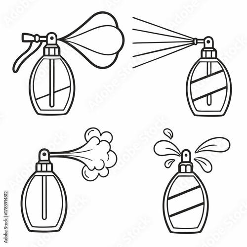 Collection of Perfume Atomizer Vector Icons in Minimalist Outline Style, Suitable for Beauty Product Catalogs, Aromatherapy Guides, and Fragrance Web Stores.