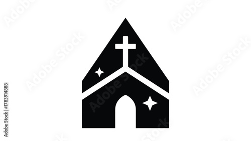 A stylized black silhouette of a church building with a prominent cross at the apex and a simple arched doorway featuring subtle star accents representing faith and spirituality silhouette