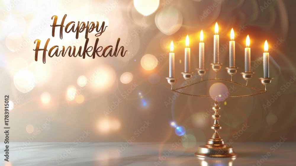 Fototapeta premium A menorah with lit candles on a blurred background. The scene conveys a festive atmosphere for Hanukkah celebrations.