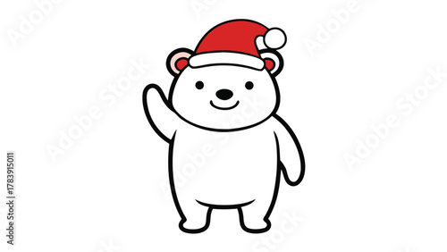 Cute cartoon polar bear wearing a santa hat waving hello for christmas and winter holidays