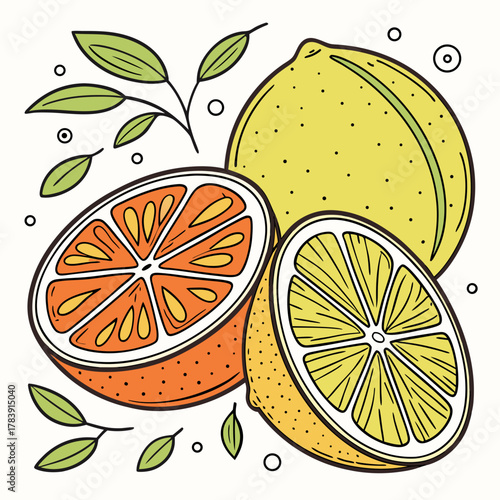 Hand-Drawn Vector Illustration of Citrus Fruits