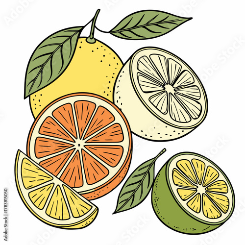 Hand-Drawn Vector Illustration of Citrus Fruits