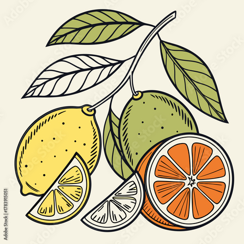 Hand-Drawn Vector Illustration of Citrus Fruits