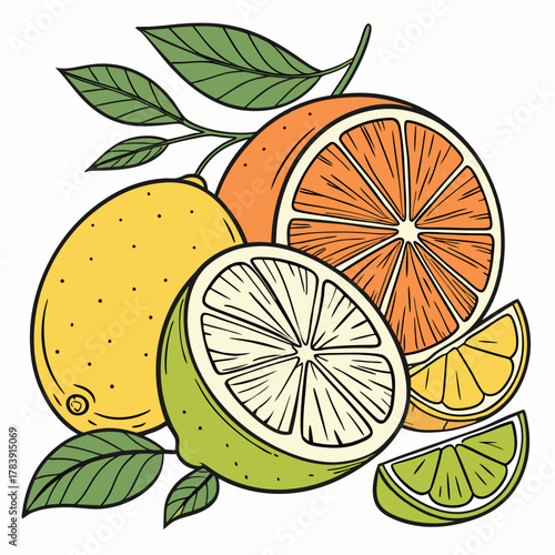 Hand-Drawn Vector Illustration of Citrus Fruits