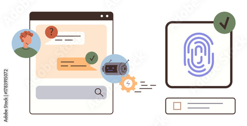 Chat interaction with a chatbot, user profile, gear automation, fingerprint authentication with approval mark. Ideal for security, technology, login, identity verification, AI innovation access