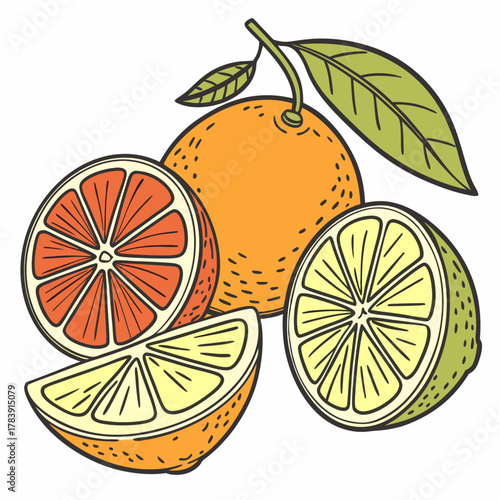 Hand-Drawn Vector Illustration of Citrus Fruits