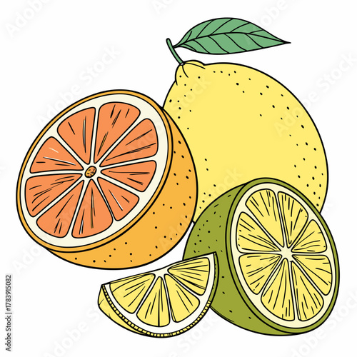 Hand-Drawn Vector Illustration of Citrus Fruits