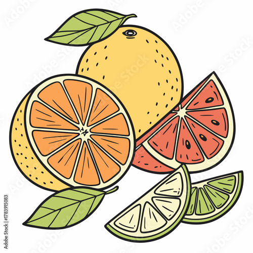 Hand-Drawn Vector Illustration of Citrus Fruits