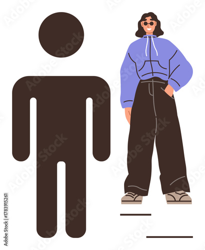Silhouette of a generic human figure beside a stylish person in bold casual clothing with sunglasses. Ideal for style trends, individuality, identity, fashion design, contrast, self-expression