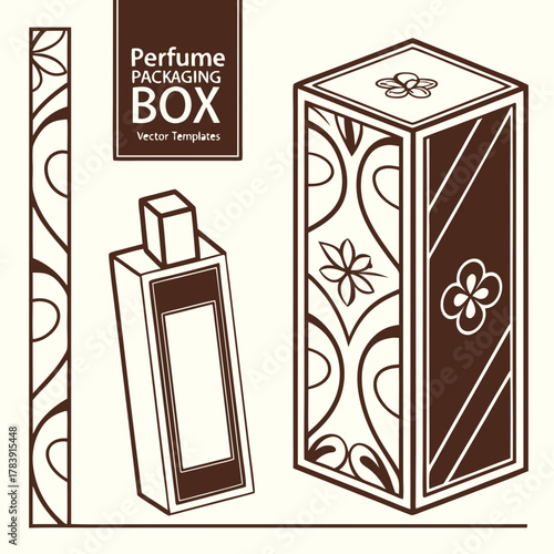 Set of Perfume Packaging Box Vector Templates in Various Shapes and Sizes, Customizable for Different Fragrance Types and Branding, Ready for Print and Mockups.