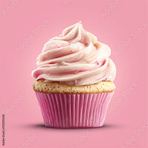 Delicious cupcake with creamy frosting on a pink background sweet temptation