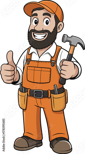 Cartoon construction worker with tools, smiling handyman character in orange overalls giving thumbs-up for repair, service and labor themes