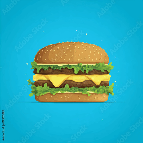 Delicious double cheeseburger with sesame seed bun on blue background