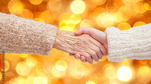 A warm handshake between an elderly woman and a younger person, signifying connection and understanding.