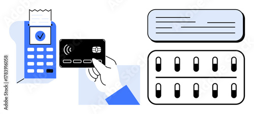 Hand holding contactless card near POS terminal emitting signal waves, receipt printed. Abstract horizontal lines and structured columns. Ideal for payment, technology, banking, modern commerce