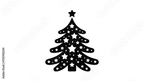 A festive black silhouette of a christmas tree adorned with numerous small star cutouts and a single star topper perfect for holiday designs silhouette