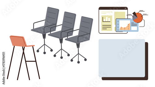 Conference room setup with three swivel chairs, a high stool, a presentation screen, and analytics charts. Ideal for teamwork, collaboration, strategy, planning, education leadership modern